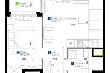 Rzut - Mieszkanie na sprzedaż 2 pokoje o powierzchni 35,84 m² - numer AA0307 w M Bemowo 3