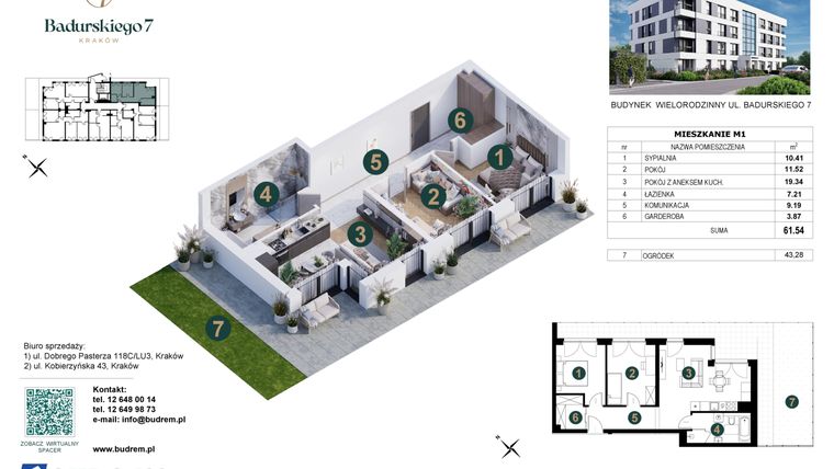 Rzut - Mieszkanie na sprzedaż 3 pokoje o powierzchni 61,54 m² - numer 1 w Badurskiego 7