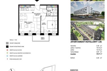Rzut - Mieszkanie na sprzedaż 2 pokoje o powierzchni 38,01 m² - numer 106 w Apartamentowiec Zwycięska 3 - inwestycyjne