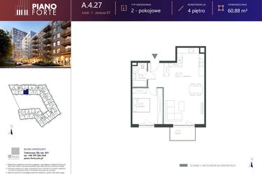 Rzut - Mieszkanie na sprzedaż 1 pokój o powierzchni 60,88 m² - numer A.4.27 w Piano