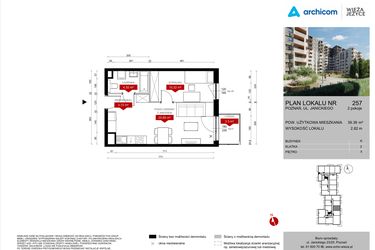 Rzut - Mieszkanie na sprzedaż 2 pokoje o powierzchni 39,39 m² - numer K.257 w Wieża Jeżyce etap V