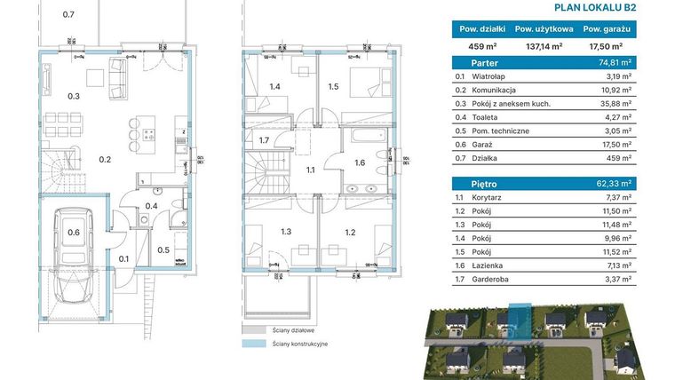 Rzut - Dom na sprzedaż 5 pokoi o powierzchni 137,14 m² - numer B2 w Domy Łozina