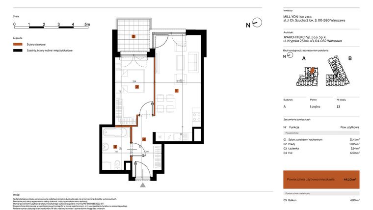 Rzut - Mieszkanie na sprzedaż 2 pokoje o powierzchni 44,1 m² - numer 13 w MY Głębocka
