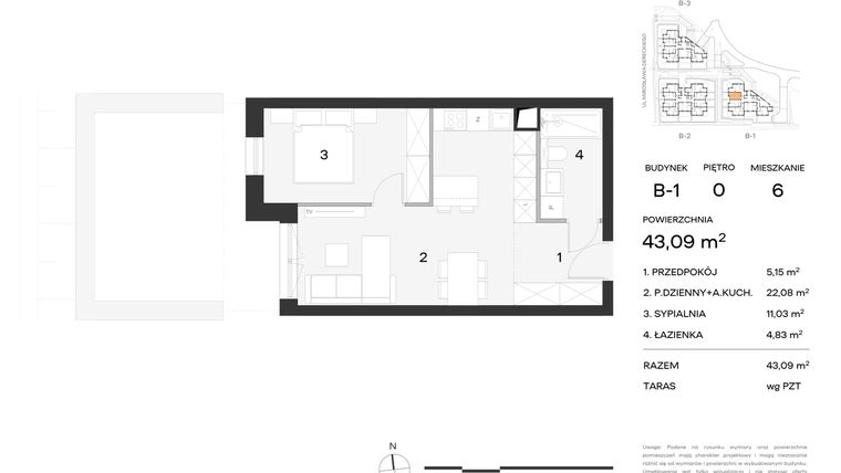 Rzut - Mieszkanie na sprzedaż 2 pokoje o powierzchni 43,09 m² - numer 6 w Koncertowa Dolina