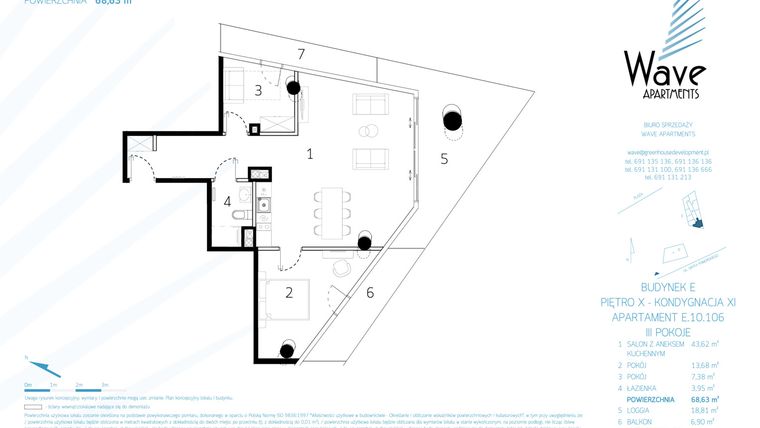 Rzut - Mieszkanie na sprzedaż 3 pokoje o powierzchni 68,47 m² - numer E.10.106 w Wave Międzyzdroje Resort & Spa