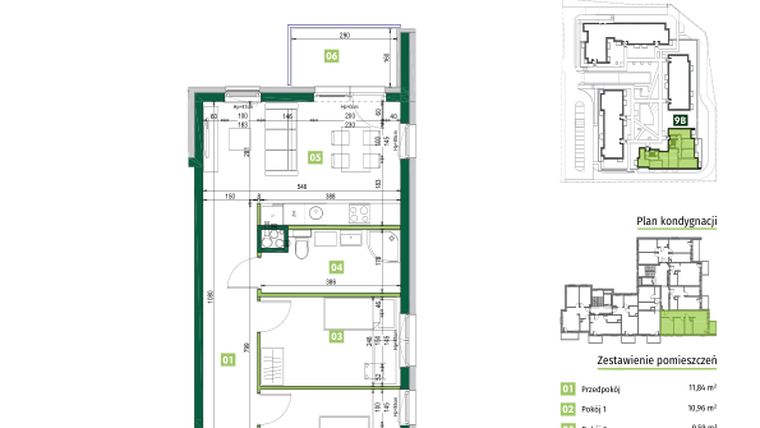 Rzut - Mieszkanie na sprzedaż 3 pokoje o powierzchni 56,25 m² - numer 9B.9 w Zielona Przystań etap III