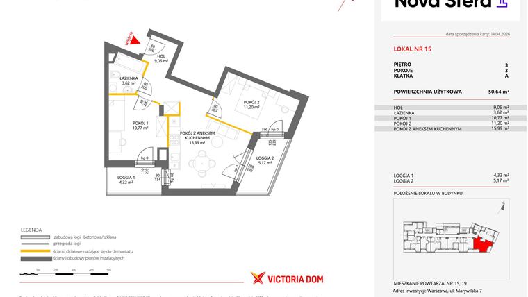 Rzut - Mieszkanie na sprzedaż 3 pokoje o powierzchni 50,64 m² - numer 15 w Miasteczko Nova Sfera 4