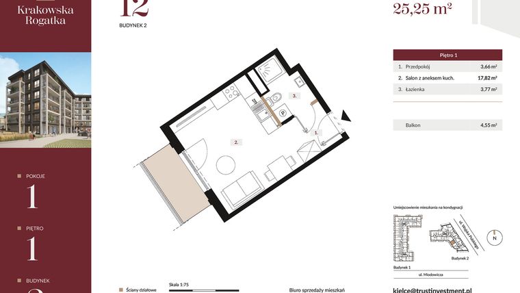 Rzut - Mieszkanie na sprzedaż 1 pokój o powierzchni 25,25 m² - numer 2.M12 w Krakowska Rogatka