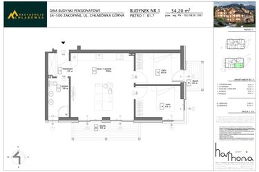 Rzut - Mieszkanie na sprzedaż 3 pokoje o powierzchni 54,2 m² - numer B1.7 w Rezydencja Chłabówka