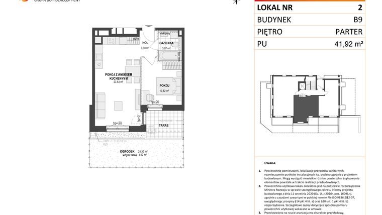 Rzut - Mieszkanie na sprzedaż 2 pokoje o powierzchni 41,92 m² - numer B9 2 w Wzgórze Markowca