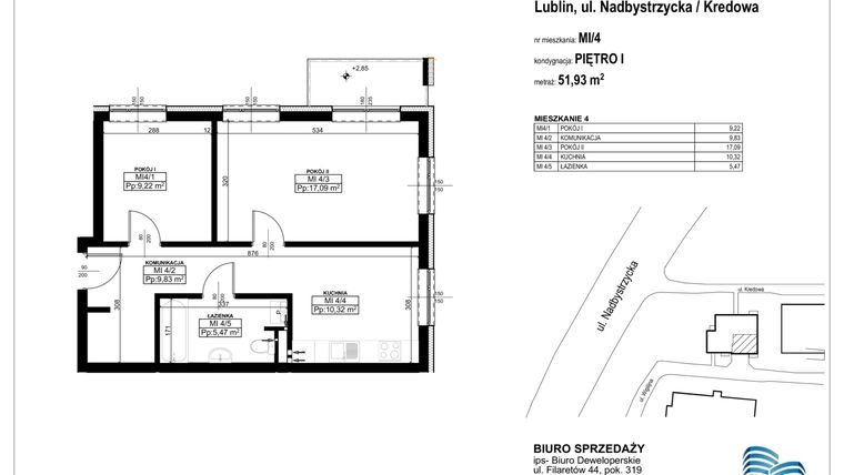 Rzut - Mieszkanie na sprzedaż 2 pokoje o powierzchni 51,93 m² - numer M4 w Nowe mieszkania przy Nadbystrzyckiej