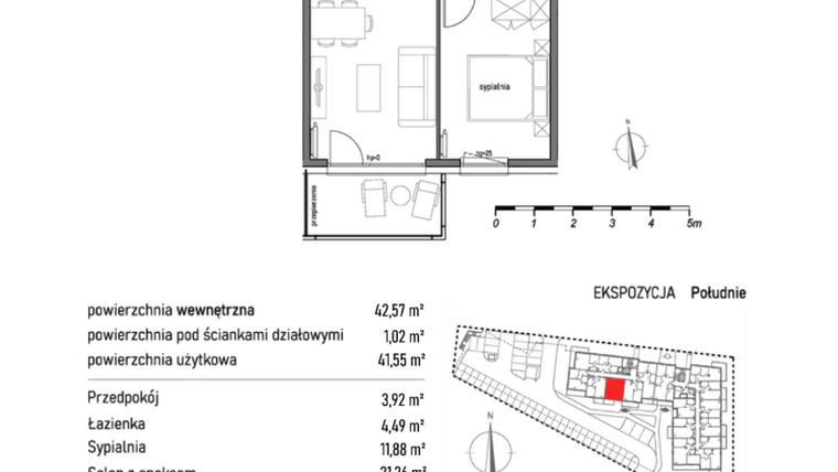 Rzut - Mieszkanie na sprzedaż 2 pokoje o powierzchni 42,57 m² - numer 1.4.3. w Dywizjonu 303