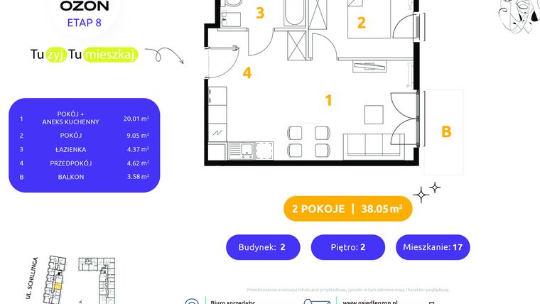 Rzut - Mieszkanie na sprzedaż 2 pokoje o powierzchni 38,05 m² - numer 2.17 w Osiedle Ozon etap VIII