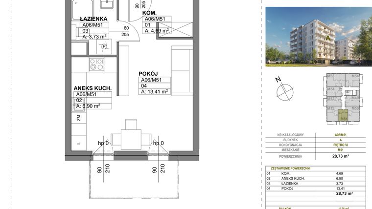 Rzut - Mieszkanie na sprzedaż 1 pokój o powierzchni 28,73 m² - numer A00_M51 w Wierzbowy Park