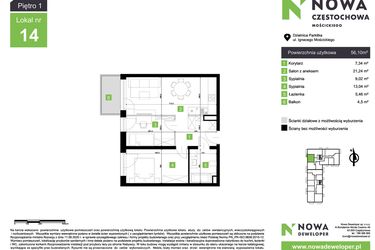 Rzut - Mieszkanie na sprzedaż 3 pokoje o powierzchni 56,1 m² - numer M14 w Nowa Częstochowa Mościckiego