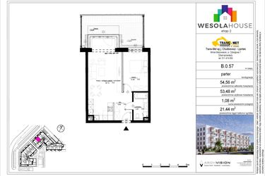 Rzut - Mieszkanie na sprzedaż 2 pokoje o powierzchni 53,42 m² - numer B.0.57 w Wesoła House Etap II