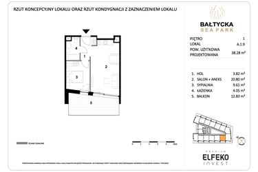 Rzut - Mieszkanie na sprzedaż 2 pokoje o powierzchni 38,28 m² - numer A.1.9 w Bałtycka Sea Park