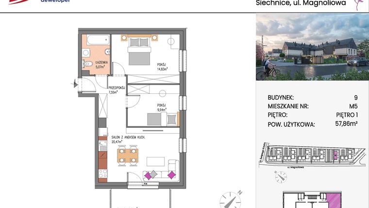 Rzut - Mieszkanie na sprzedaż 3 pokoje o powierzchni 57,86 m² - numer Bud.9-5 w Willa Magnolia