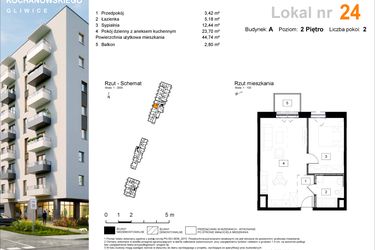Rzut - Mieszkanie na sprzedaż 2 pokoje o powierzchni 44,74 m² - numer A.24 w Osiedle Kochanowskiego - Gliwice
