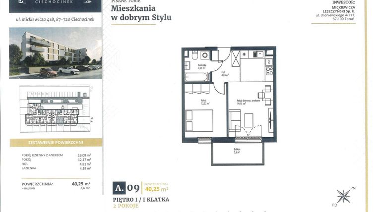 Rzut - Mieszkanie na sprzedaż 2 pokoje o powierzchni 40,25 m² - numer A9 w Mickiewicza