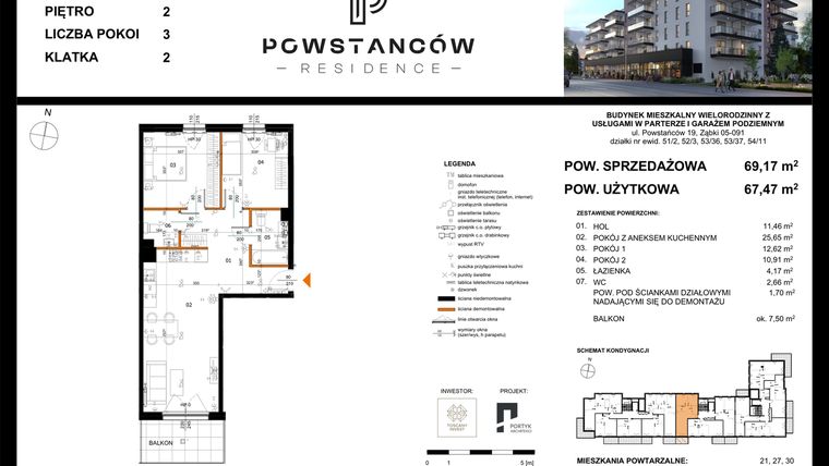 Rzut - Mieszkanie na sprzedaż 3 pokoje o powierzchni 69,17 m² - numer 24 w Powstańców Residence
