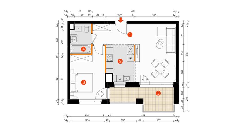 Rzut - Mieszkanie na sprzedaż 2 pokoje o powierzchni 49,99 m² - numer A.4.2 w Platanowy Park etap IV