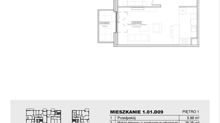 Rzut - Mieszkanie na sprzedaż 2 pokoje o powierzchni 53,05 m² - numer 1.01.D09 w Ogrody Andersa III