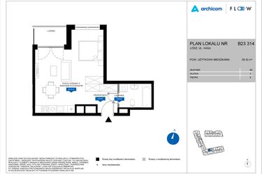 Rzut - Mieszkanie na sprzedaż 1 pokój o powierzchni 38,42 m² - numer B23 314 w Flow - bud. B2 A i bud. B2 B