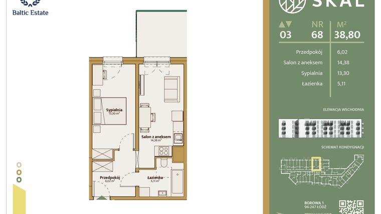 Rzut - Mieszkanie na sprzedaż 1 pokój o powierzchni 38,8 m² - numer M.68 w Skal