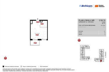 Rzut - Mieszkanie na sprzedaż 1 pokój o powierzchni 31,15 m² - numer C1B 75 w Modern Mokotów etap 3, budynek C1 i C2