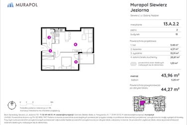 Rzut - Mieszkanie na sprzedaż 2 pokoje o powierzchni 44,27 m² - numer 13.A.2.2 w Murapol Siewierz Jeziorna