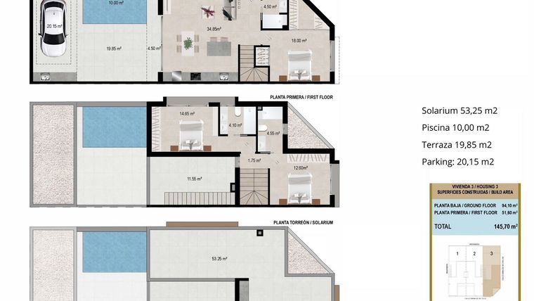 Rzut - Dom na sprzedaż 3 pokoje o powierzchni 145,7 m² - numer 3 w Domy szeregowe w San Javier - 36609957