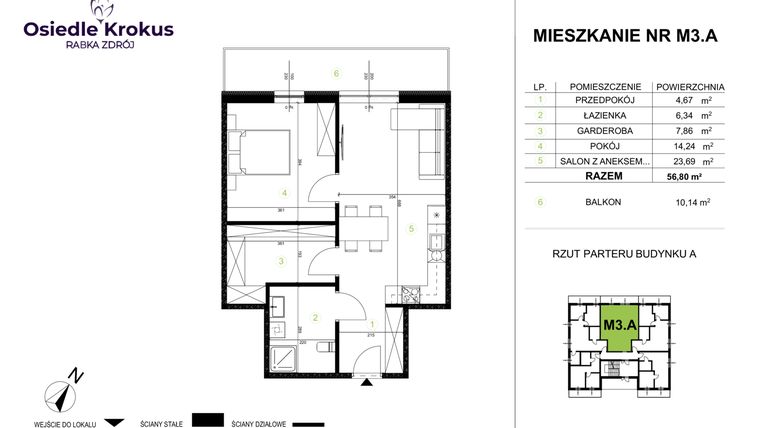 Rzut - Mieszkanie na sprzedaż 2 pokoje o powierzchni 56,36 m² - numer M3.A w Osiedle Krokus etap IV
