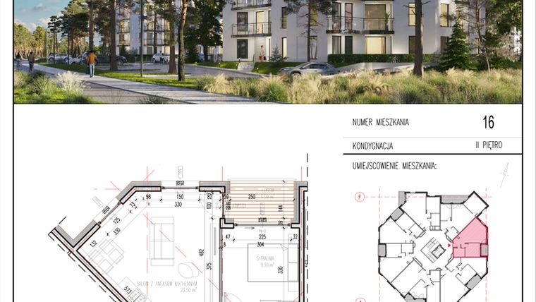 Rzut - Mieszkanie na sprzedaż 2 pokoje o powierzchni 42,89 m² - numer 16 w Grasera 12