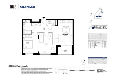 Rzut - Mieszkanie na sprzedaż 3 pokoje o powierzchni 57,75 m² - numer AA0308 w NU2 Warszawa Wola - apartamenty wykończone pod klucz