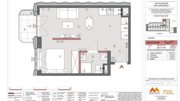 Rzut - Mieszkanie na sprzedaż 1 pokój o powierzchni 35,17 m² - numer A.05.02 w Żelazna 54