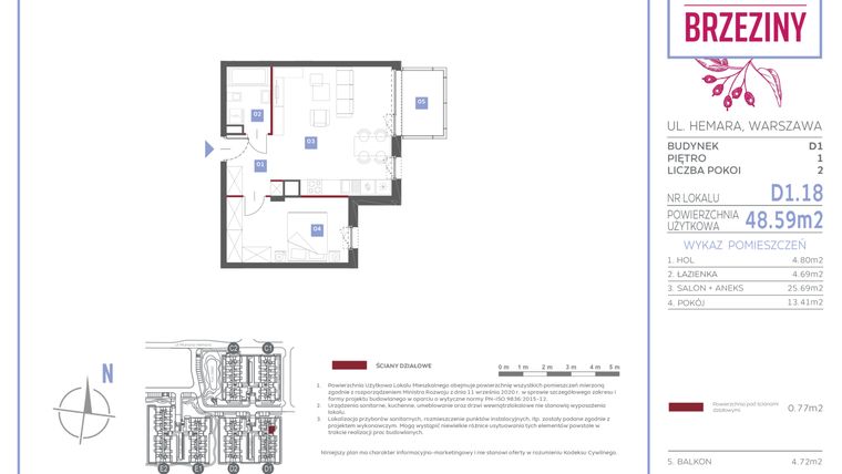 Rzut - Mieszkanie na sprzedaż 2 pokoje o powierzchni 48,59 m² - numer D1.18 w Miasteczko Brzeziny II