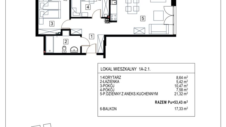 Rzut - Mieszkanie na sprzedaż 3 pokoje o powierzchni 53,43 m² - numer 1A-2.1 w Gardenia Pogodno
