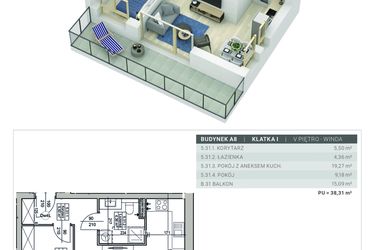 Rzut - Mieszkanie na sprzedaż 2 pokoje o powierzchni 38,31 m² - numer A.8.M31 w Sobola Biel A8