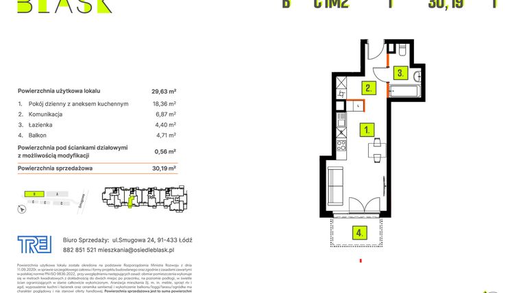 Rzut - Mieszkanie na sprzedaż 1 pokój o powierzchni 30,19 m² - numer B-C1M2 w Osiedle BLASK - Etap I