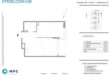 Rzut - Mieszkanie na sprzedaż 2 pokoje o powierzchni 42,03 m² - numer 39C w Strzelców 28