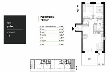 Rzut - Mieszkanie na sprzedaż 3 pokoje o powierzchni 70,31 m² - numer M.14 w Zielony Horyzont