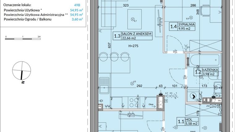 Rzut - Mieszkanie na sprzedaż 3 pokoje o powierzchni 54,95 m² - numer 49B w Osiedle Młodych etap VIII