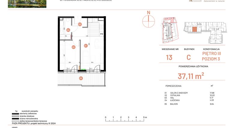 Rzut - Mieszkanie na sprzedaż 2 pokoje o powierzchni 37,11 m² - numer 16.13 w Osiedle Nowe Horyzonty etap II