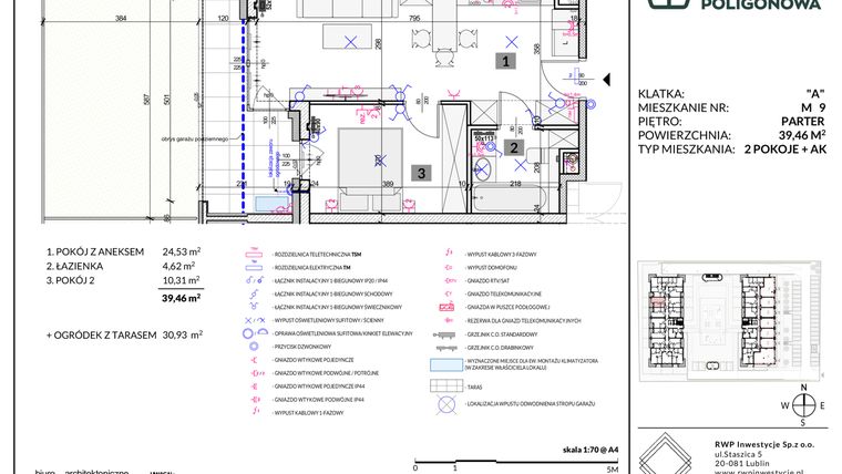 Rzut - Mieszkanie na sprzedaż 2 pokoje o powierzchni 39,46 m² - numer 9 w Apartamenty Poligonowa etap 5