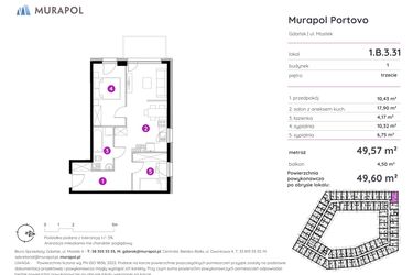 Rzut - Mieszkanie na sprzedaż 3 pokoje o powierzchni 49,6 m² - numer 1.B.3.31 w Murapol Portovo etap II