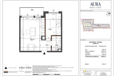 Rzut - Mieszkanie na sprzedaż 2 pokoje o powierzchni 45,62 m² - numer 61 w Aura Mokotów II