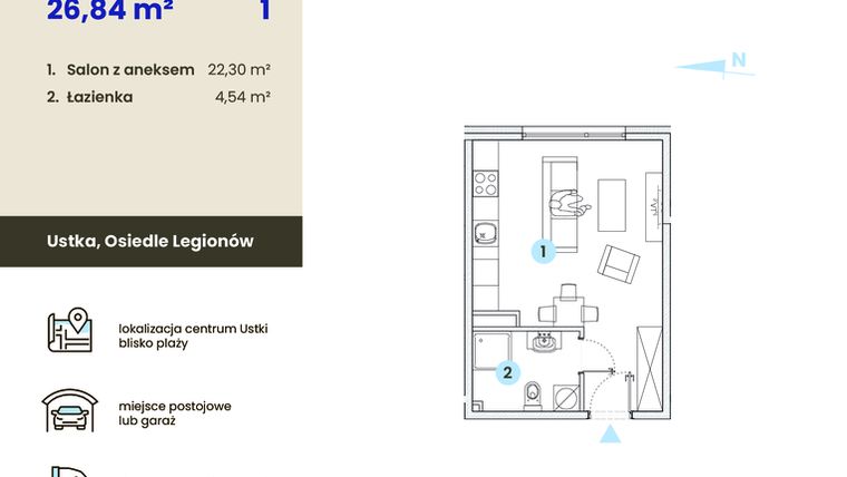 Rzut - Mieszkanie na sprzedaż 1 pokój o powierzchni 26,84 m² - numer 1.11 w Ustka Flow