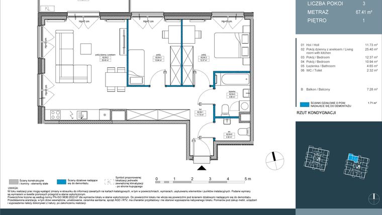 Rzut - Mieszkanie na sprzedaż 3 pokoje o powierzchni 67,4 m² - numer 64 w Nordic Górka Narodowa