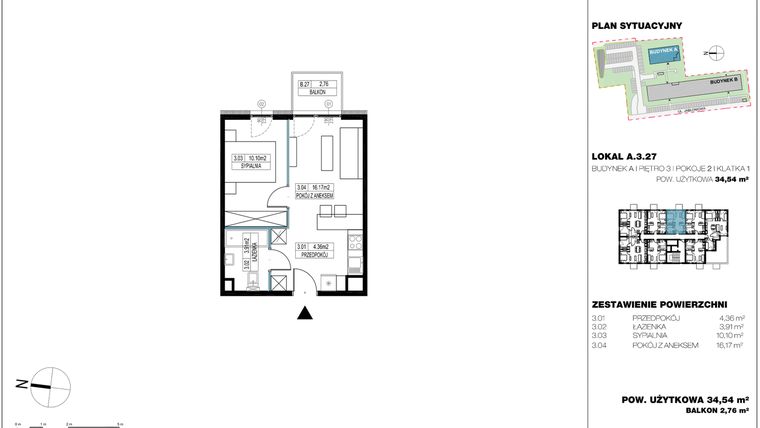 Rzut - Mieszkanie na sprzedaż 2 pokoje o powierzchni 34,71 m² - numer A.3.27 w Jabłonova